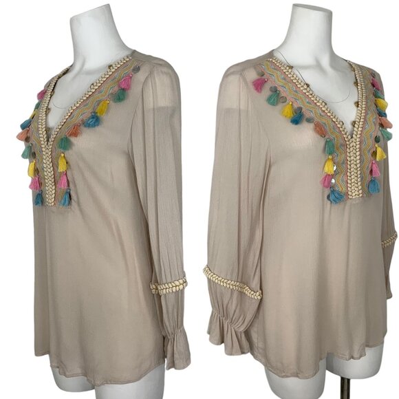 Soft Surroundings Clementine Tunic Top S Natural Embroidered Tassels Coastal - Picture 3 of 12